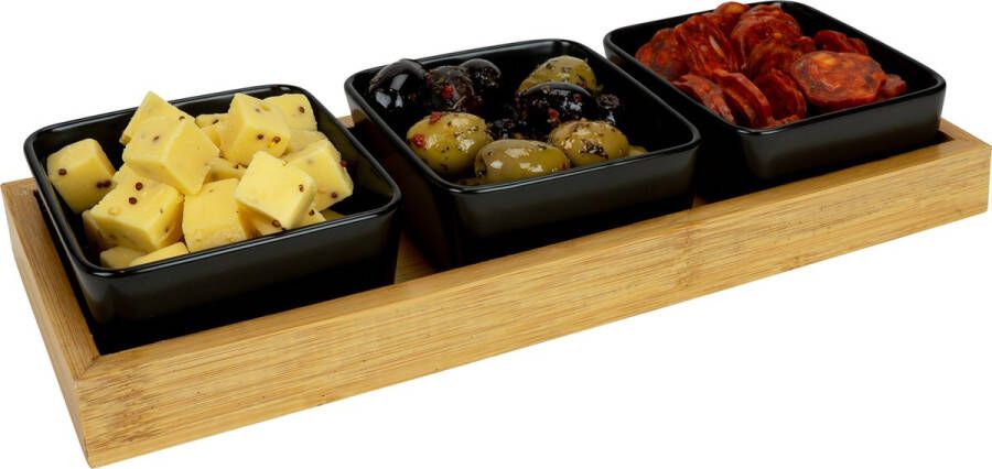 Krumble Tapasschalen op houten plank Snackschaal Tapasplank Schaaltjes keramiek Borrelschaal Borrelhapjes schaal 3 delig Serveerschaal Tapasschaaltjes Zwart