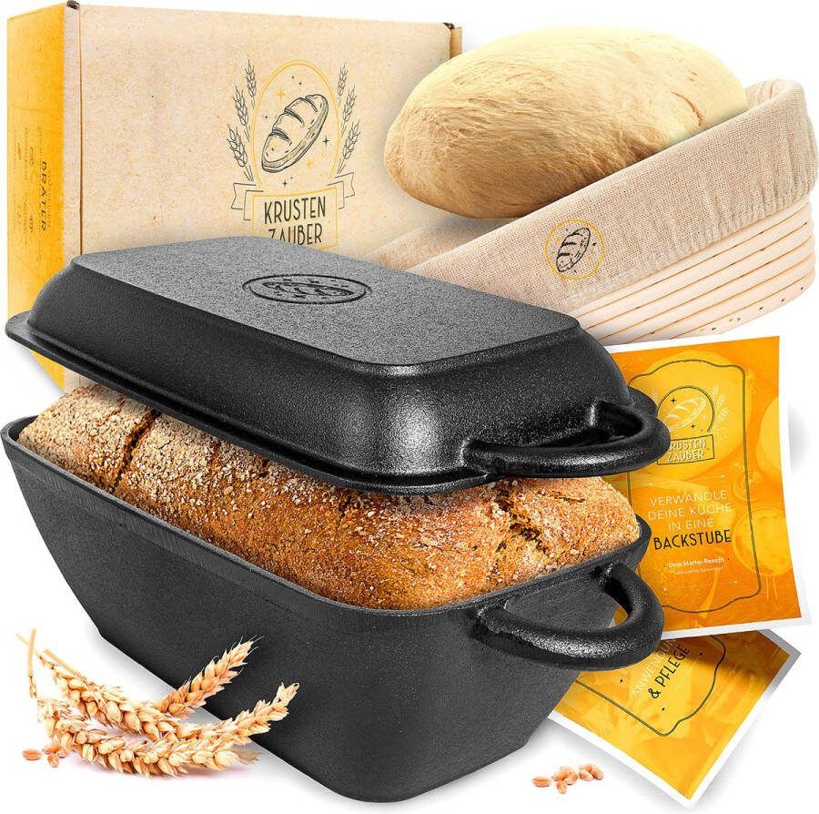 KRUSTENZAUBER 28 cm gietijzeren pot brood bakken inclusief rijsmand Robuuste broodbakvorm rechthoekig met deksel voor in de oven Ideale broodvorm broodbakpan brood bakvorm gietijzeren pot brood bakken broodbakaccessoires broodvorm