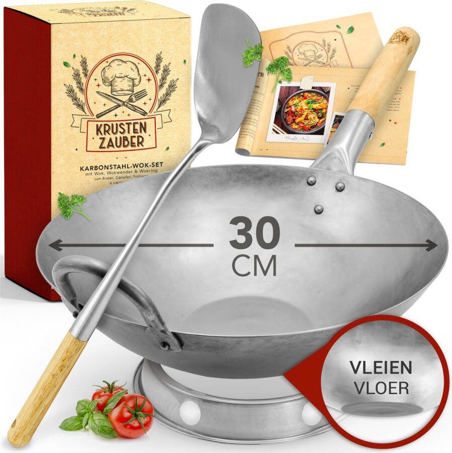 KRUSTENZAUBER 30 cm wokpan inductie platte bodem Traditionele stalen wok met wokdraaier en wokring Wok inductie elektrisch gas fornuis