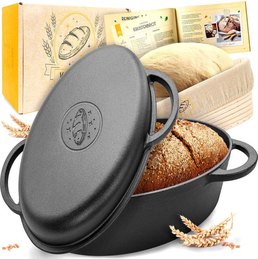 KRUSTENZAUBER 34 cm gietijzeren pot brood bakken inclusief rijsmand Robuuste broodbakvorm rond met deksel voor in de oven Ideale broodvorm broodbakpan brood bakvorm gietijzeren pot brood bakken broodbakaccessoires broodvorm