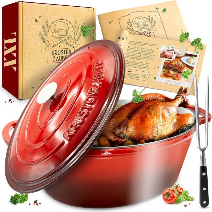 KRUSTENZAUBER 37 5 cm ovale gietijzeren braadpan met deksel geschikt voor de oven inclusief vleesvork 9.8L rood geëmailleerde pot braadpan inductie gas elektrisch ideaal kerstcadeau