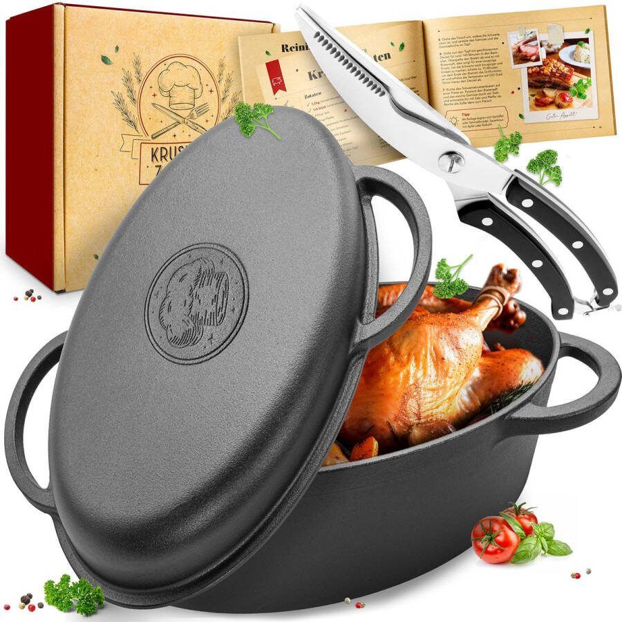 KRUSTENZAUBER 38 cm ovale gietijzeren braadpan met deksel geschikt voor de oven inclusief vleesvork 9.8L zwart geëmailleerde pot braadpan inductie gas elektrisch ideaal kerstcadeau