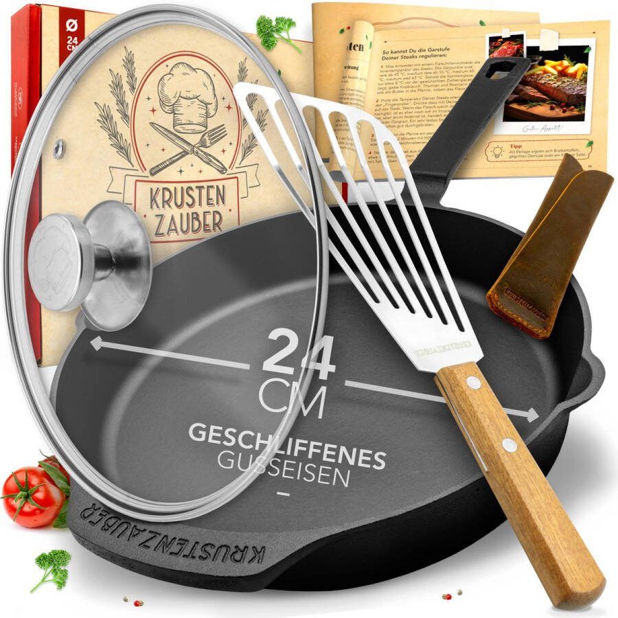 KRUSTENZAUBER koekenpan 24 cm inclusief glazen deksel en visspatel gietijzeren pan skillet met houder Hapjespan voor gas inductie elektrisch fornuis