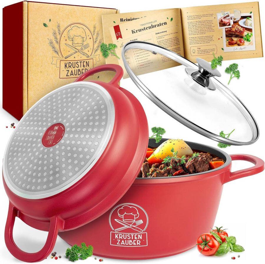 KRUSTENZAUBER KRUSTENAUBER 28cm gegoten aluminium braadpan met deksel geschikt voor oven [incl. Glazen deksel] 6L aluminium braadpan en braadpan Ideale inductiebrander sauteerpan braadpan gietijzeren braadpan
