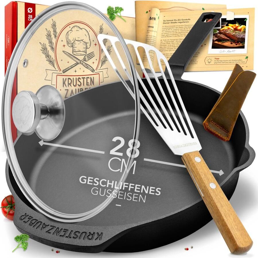 KRUSTENZAUBER koekenpan 28 cm inclusief glazen deksel en visspatel gietijzeren pan skillet met houder Hapjespan voor gas inductie elektrisch fornuis