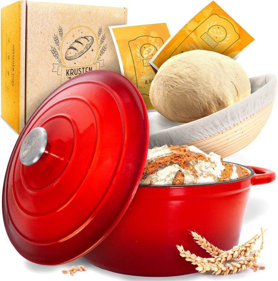 KRUSTENZAUBER Potbrood bakken [incl. Gistingsmand] Hoogwaardige geëmailleerde broodbakpan 26 cm rond Ideale gietijzeren broodbakvorm voor bakken met deksel gietijzeren broodvorm accessoires