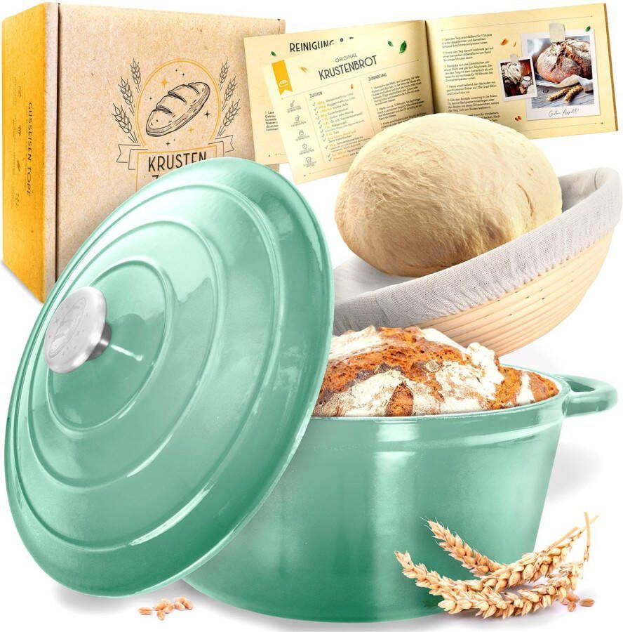 KRUSTENZAUBER Potbrood bakken [incl. Gistingsmand] Hoogwaardige geëmailleerde broodbakpan 26 cm rond Ideale gietijzeren broodbakvorm voor bakken met deksel gietijzeren broodvorm accessoires