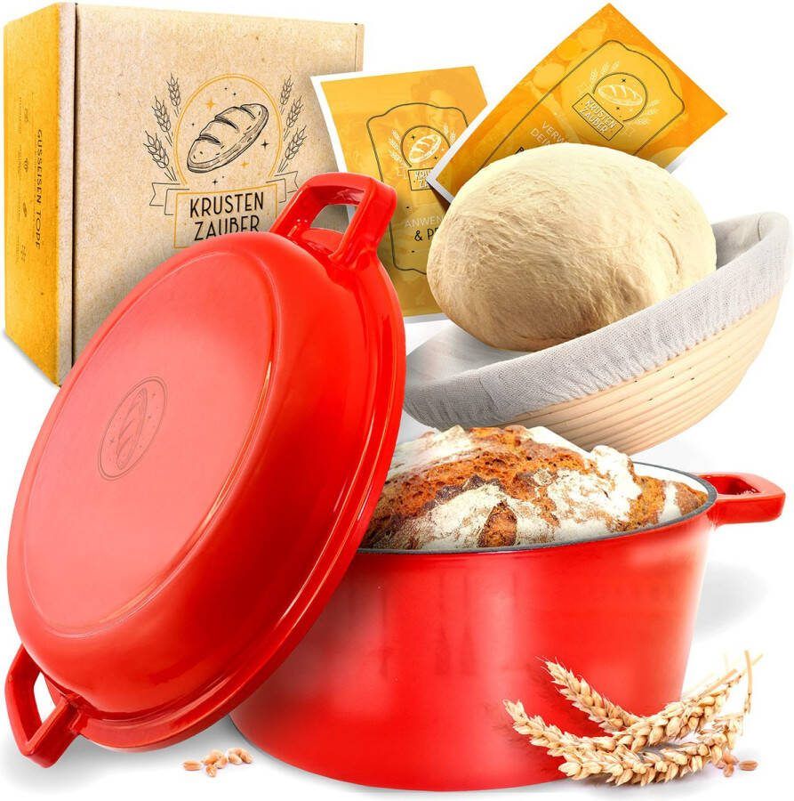 KRUSTENZAUBER Potbrood bakken [incl. Gistingsmand] Hoogwaardige geëmailleerde broodbakpan 26 cm rond Ideale gietijzeren broodbakvorm voor bakken met deksel gietijzeren broodvorm accessoires