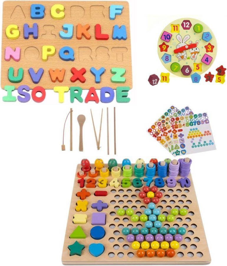Kruzzel Houten Puzzel met Magnetische Kralen + Houten ABC Puzzel + Sorteer Klok Educatief Speelgoed Cijfers en Letters Leren Kleuren Leren Tellen Mozaiek Klokkijken
