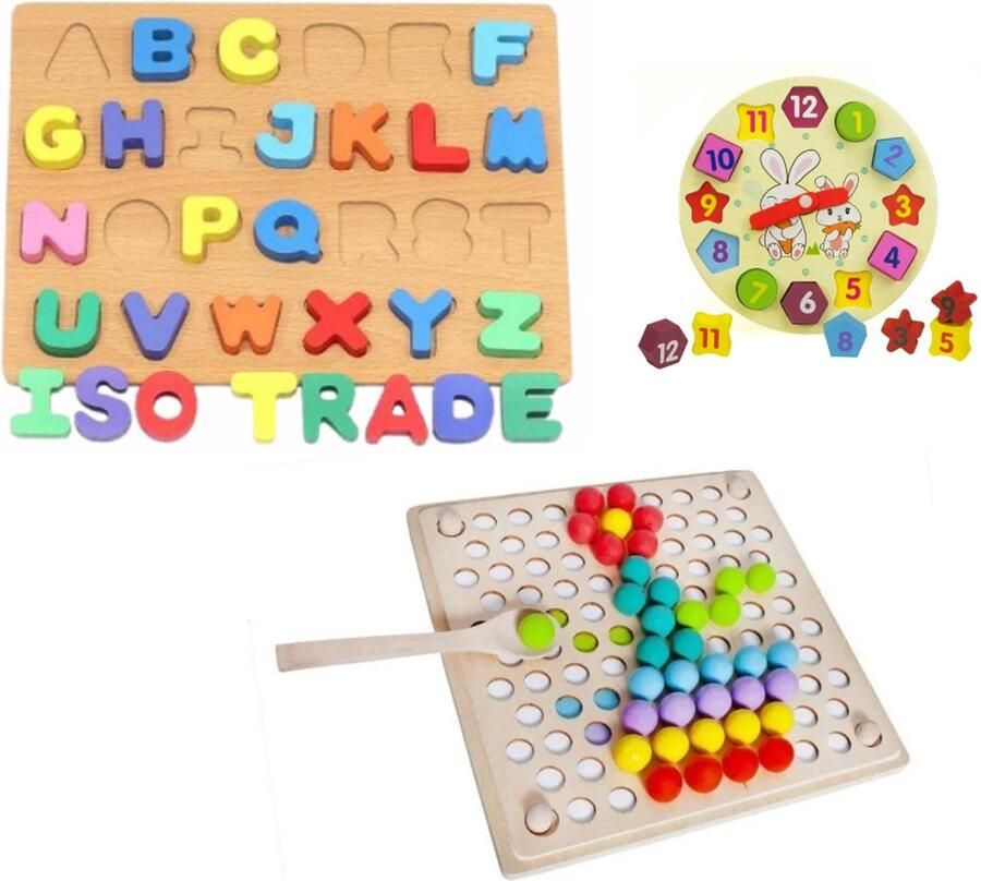 Kruzzel Houten Puzzel met Magnetische Kralen + Houten ABC Puzzel + Sorteer Klok Educatief Speelgoed Letters Leren Kleuren Leren Tellen Mozaiek Klokkijken