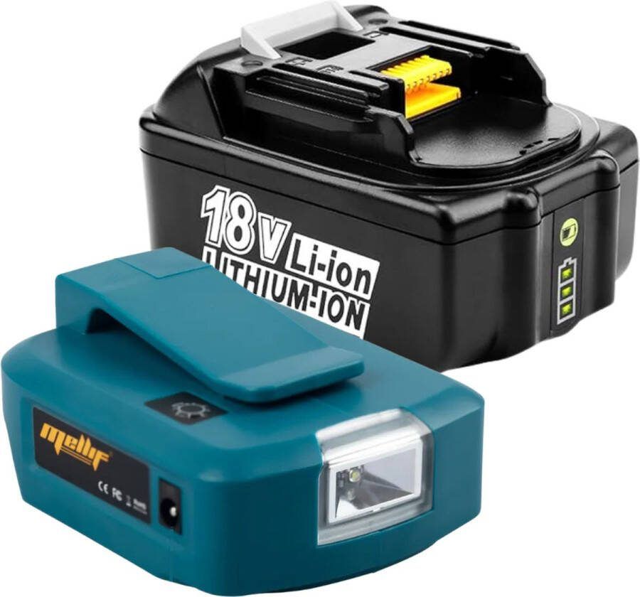 KRYLANSO Accu + Mellif USB-adapter Geschikt voor 18V Makita LXT LED lamp Snelladen via Power Delivery Li-Ion 18V 5.0Ah