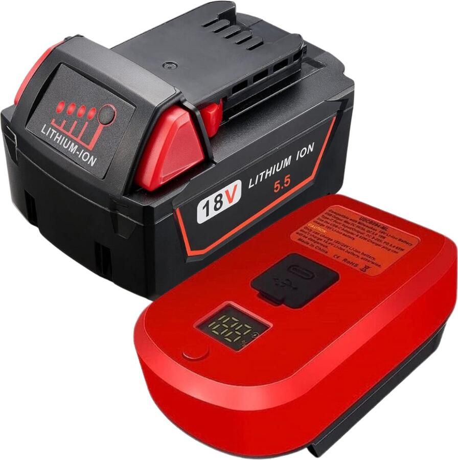 KRYLANSO Accu + USB-adapter voor Milwaukee M18 5500mAh Lithium-Ion LED Acculading indicator USB-C Opladen Milwaukee M18 accu Powerbank functie Power Delivery 3.0 65W