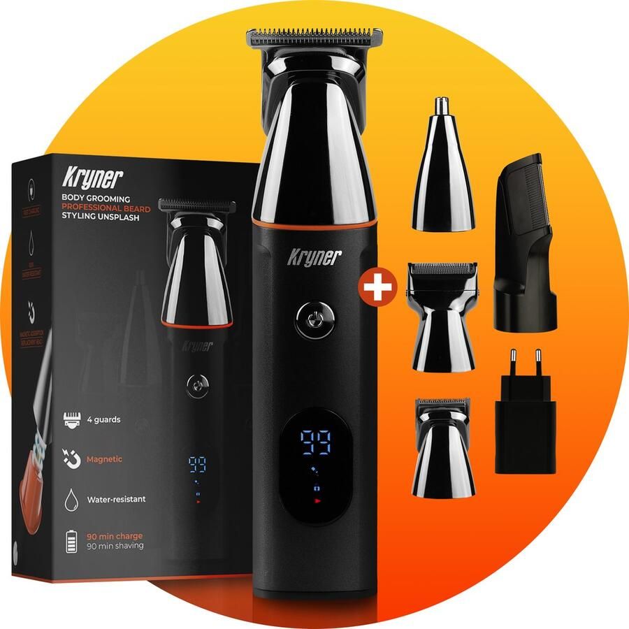 Kryner Professionele Draadloze Baardtrimmer Mannen – Tondeuse – Trimmer mannen – Scheerapparaat Mannen – Haartrimmer – Magnetische Opzetstukken – Oplaadstation