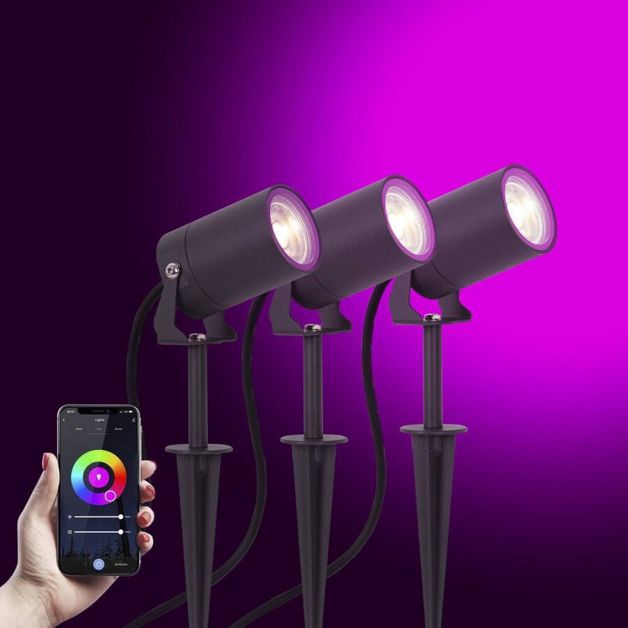 KS Verlichting Stark tuinspot set à 3 stuks RGB verbonden via WIFI inclusief snoer en stekker