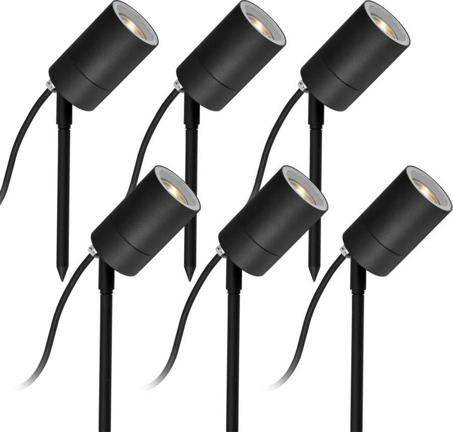 KS Verlichting LED Pin tuinspot set à 6 stuks 2 meter snoer geaarde stekker zwart