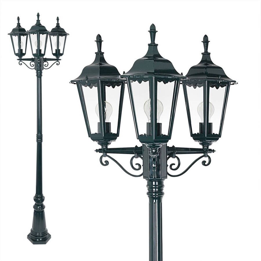 KS Verlichting TuinLantaarn Ancona drie koppige lantaarn Donkergroen Model 7233 echt glas E27 fitting Mastlamp Buitenlantaarn