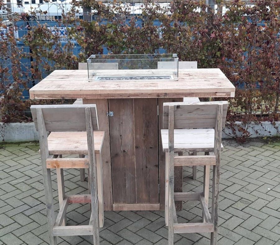KSM-Steigerhout Vuurtafel Sta tafel set Celebration van Gebruikt steigerhout 80x150cm 5 delige set Kruk easy 4 persoons