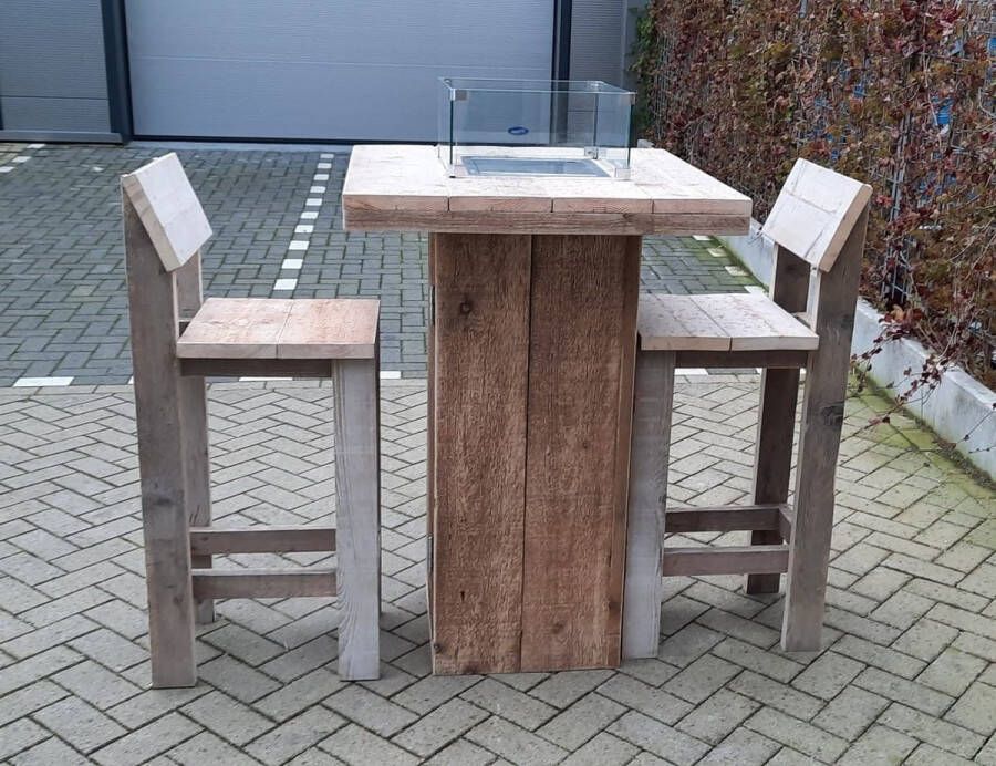 KSM-Steigerhout Vuurtafel Sta tafel set Celebration van Gebruikt steigerhout 80x80cm 3 delige set Kruk easy