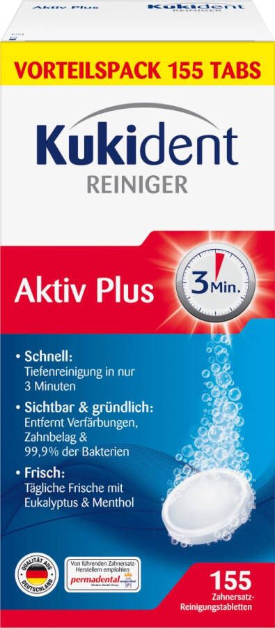 Kukident Aktiv Plus 3 Minuten gebit reinigingstabletten 155 stuks sneltabs