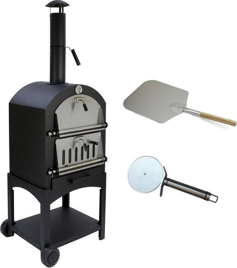 KuKoo Pizza oven buiten inclusief pizzaschep + pizzasnijder 64 cm x 43 cm x 156 cm houtskool -Staal multifunctionele buitenoven pizza bbq