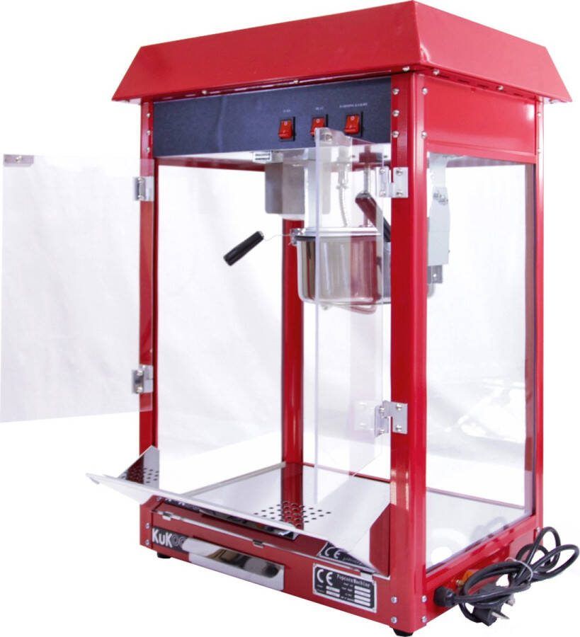 KuKoo Retro Popcorn Machine Popcornmaker Retro Look Rood Hittelamp 235ml grote pan 1.37kW bioscoop evenement