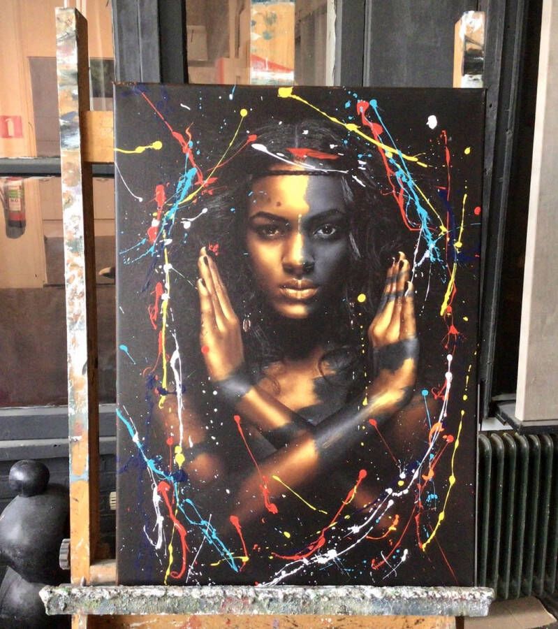 Kunstgalerij Vitma-art Afrikaanse vrouw- Katoenen canvasdoek op houten frame-Gemengde techniek print + acrylverf- Klaar om op te hangen