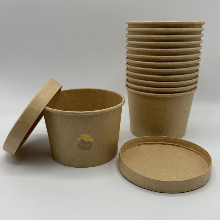 Kurtt Kartonnen schaal met deksel Soepbeker met deksel 500st x 500ml Salade schaal Wegwerp Restaurant Take away Poke bowl