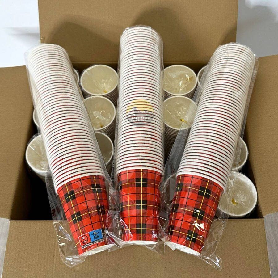 Kurtt Koffiebekers to go 500 stuks + 500 roerstaafjes koffiebeker karton 'schotse ruit' 7oz 180ml 140mm Drinkbeker Koffiebeker Kartonnen Beker Wegwerpbeker Papieren Beker