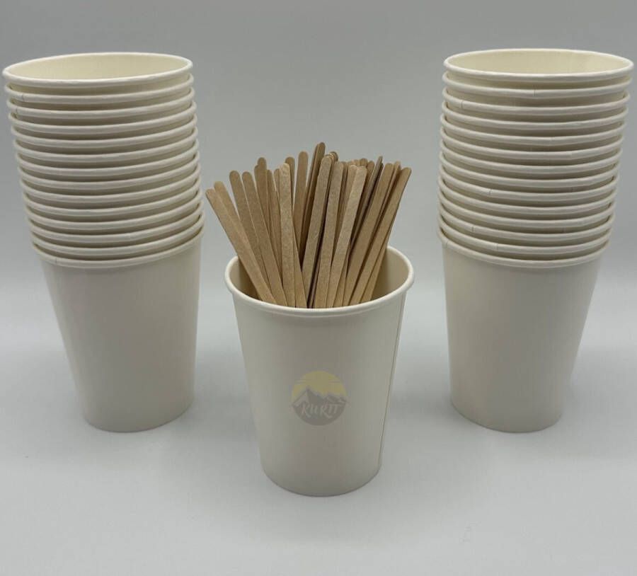 Kurtt Koffiebekers to go 800 stuks + 800 roerstaafjes koffiebeker karton Wit 8oz 200ml 140mm roerstaafjes Drinkbeker Koffiebeker Kartonnen Beker Wegwerpbeker Papieren Beker