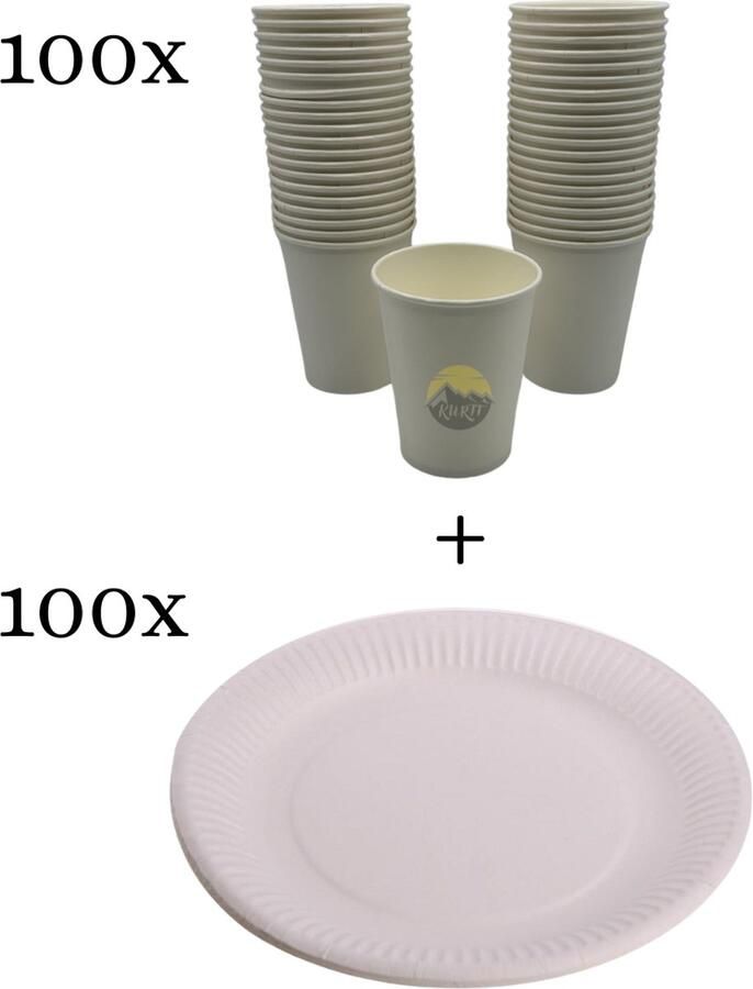 Kurtt Wegwerpservies 100x Koffiebekers to go 200ml 100x Kartonnen bordjes 23cm