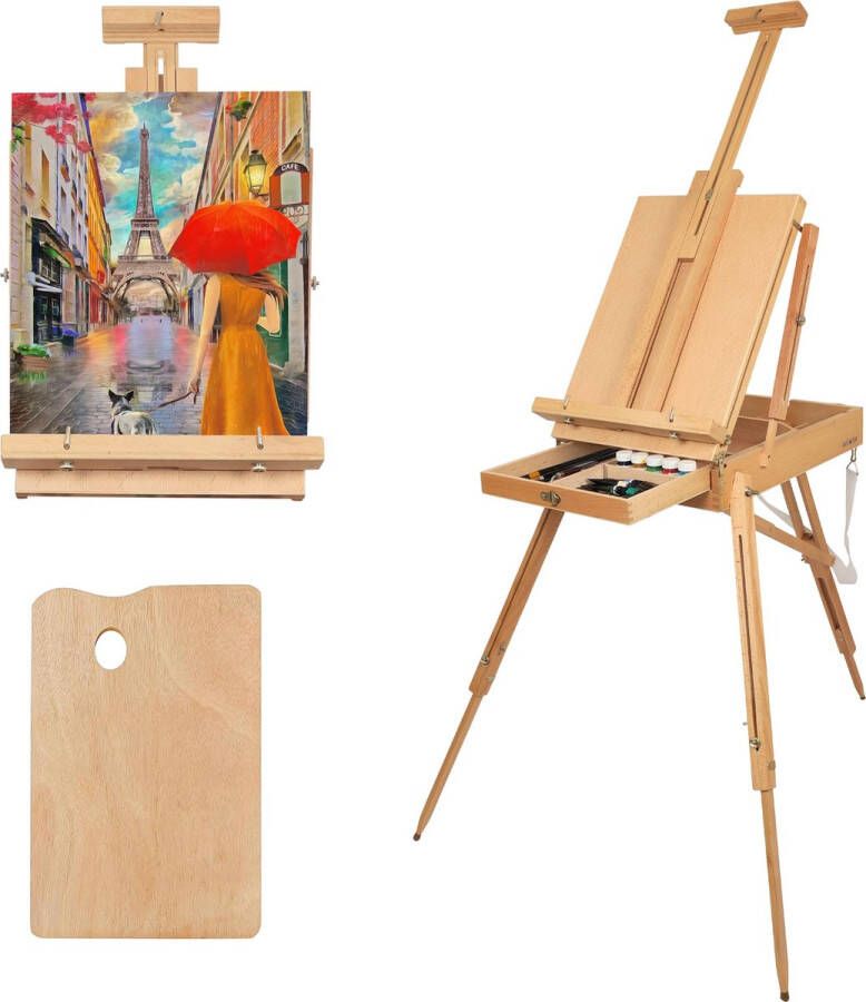 Kurtzy Franse Stijl Grote Houten Kunst Ezel en Schets Doos – Aanpasbaar tot 180 cm Hoog – Vouwbare Driepoot Ezel Standaard met Artiesten Lade en Schilder Pallet – Vertoon Schilderijen & Portretten