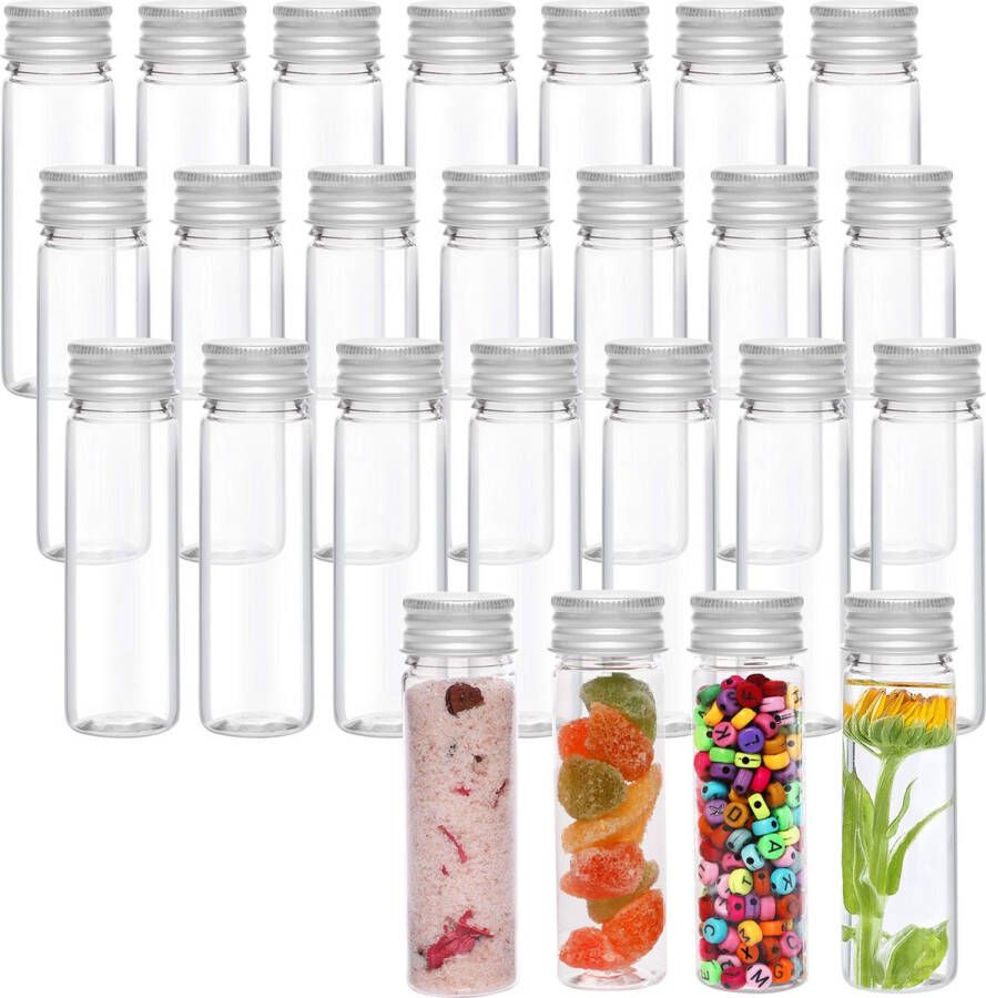 Kurtzy Helder Plastic Test Buisjes met Schroef Dop & Schoonmaak Borsteltje (25pak) 50ml Herbruikbaar Transparante Container Buisjes voor Snoep Opslag Vloeistoffen Badzout Kralen en Bloemen