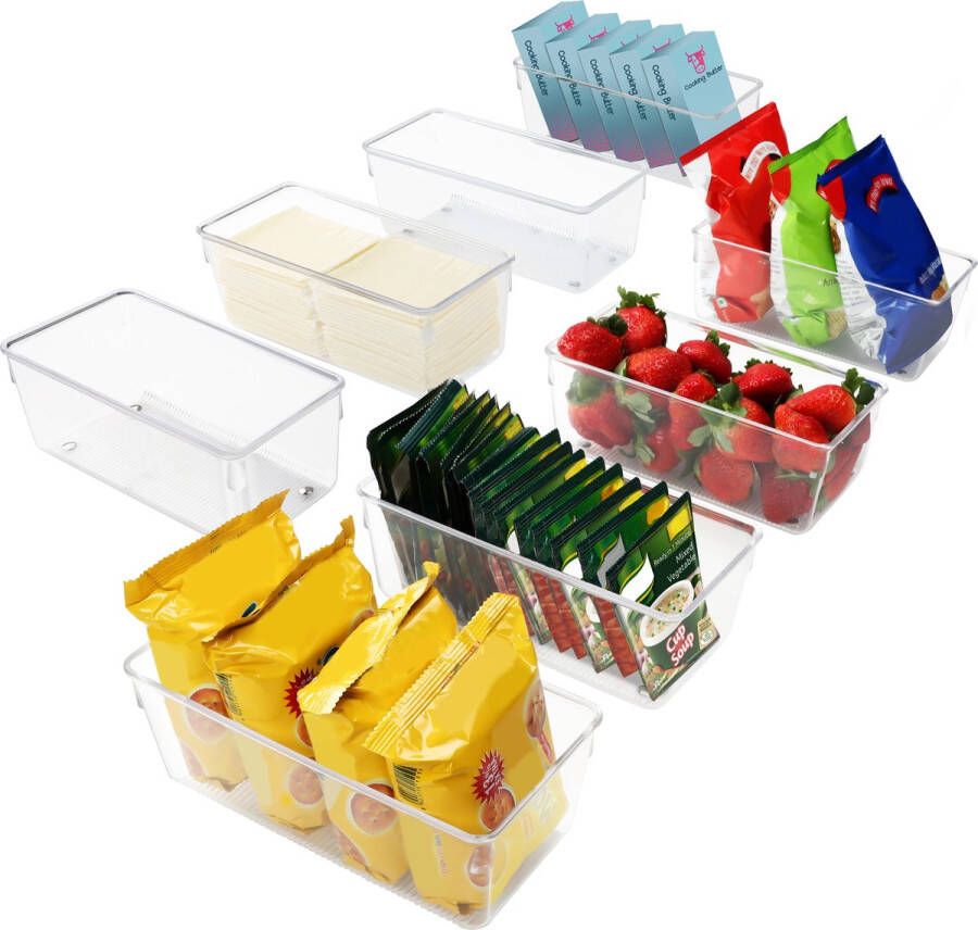 Kurtzy Keuken Koelkast & Kast Opslag Trays (8 Pak) – 20cm in Lengte – Helder Plastic Koelkast Trommels – Badkamer Berging Lade Diepvries en Huis Opslag Organiser Containers 8 Pack