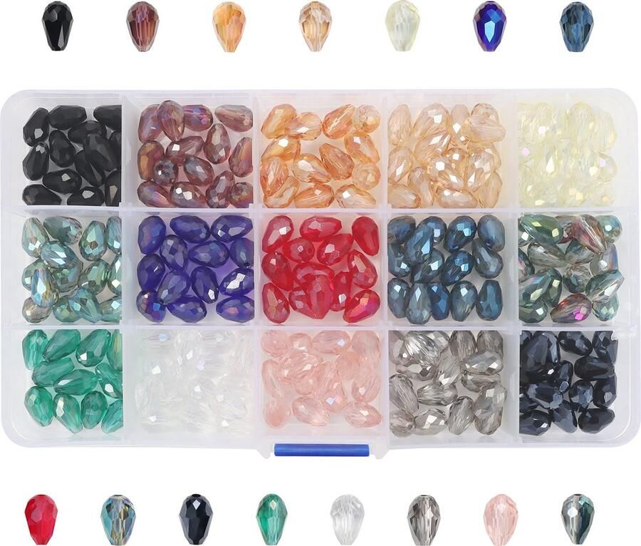 Kurtzy Glazen Sieraden Kralen Set (225 Pak) – 12 x 7 mm – 15 Kleuren – Losse Traan Kralen Voor DIY Kunst & Hobby Maken – Kleine Facet Kralen Voor Bedels met Plastic Opslag Doos