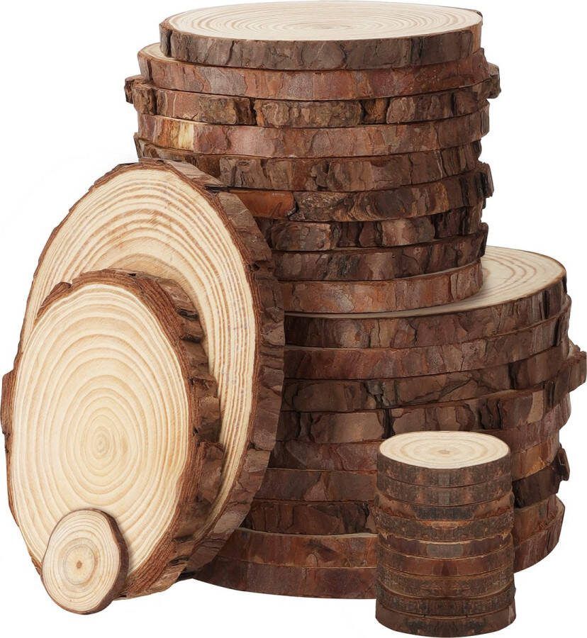 Kurtzy Natuurlijk Onbewerkte Houtsnedes (30 Pak) 3-16 cm Diameter Houten Stam Cirkels met Schors Zonder Gat Voor DIY-kunst en Hobby Kerstmis Ornamenten en Bruiloft Decoratie