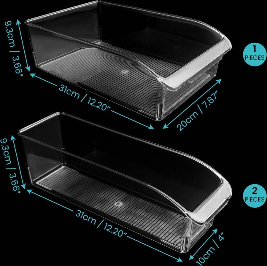 Kurtzy Set van 3 Koelkast Organizer Opbergbakken 2 Maten BPA-vrije Transparante Kunststof Containers voor Koelkast Vriezer Keukenkasten Keukenplanken of Voorraadkast