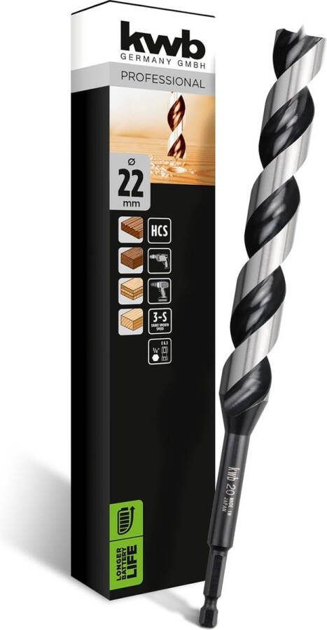 KWB 3-S Japan-boor ø 22 mm 235 mm van blankgeslepen CV-staal met superscherpe puntslijping centreerpunt en E 6 3-schacht
