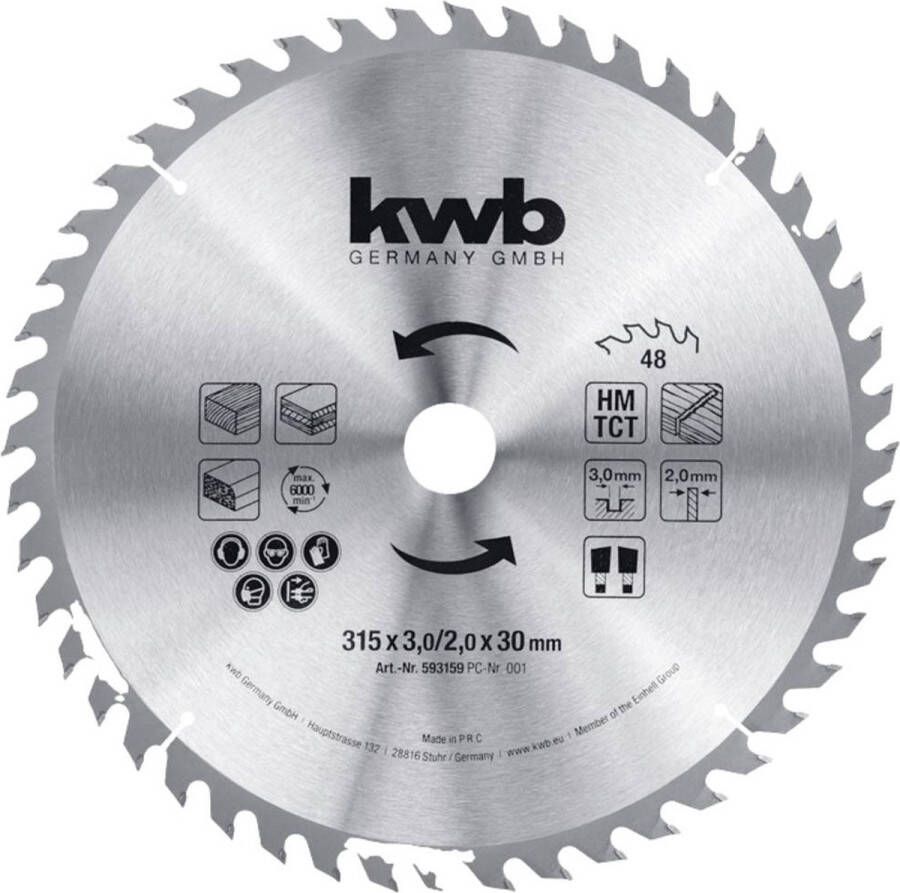 KWB constructie cirkelzaagblad 315 x 30 zaagblad voor tafelcirkelzagen wisseltand voor middelzware zaagsneden Z-48 tanden cirkelzaagbladen