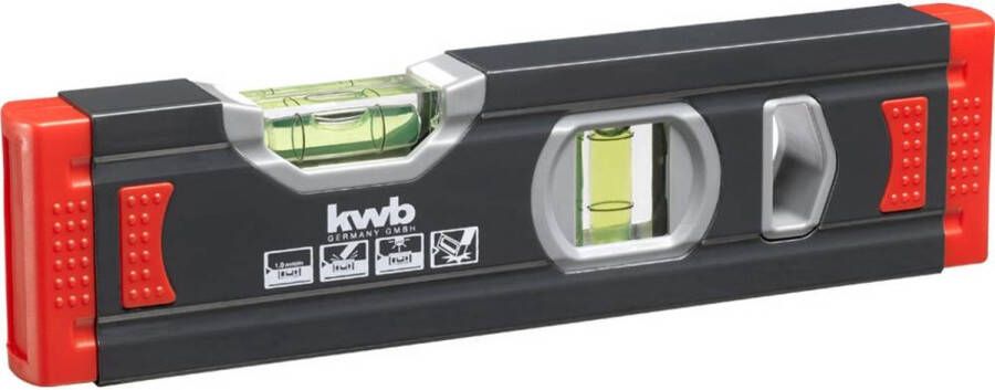 KWB 1 mm mini aluminium waterpas 20 cm waterpas beveiligd m nauwkeurigheid nauwkeurig geslepen elk 1 horizontaal en verticaal waterpas inclusief rubberen valbeveiliging zwart rood