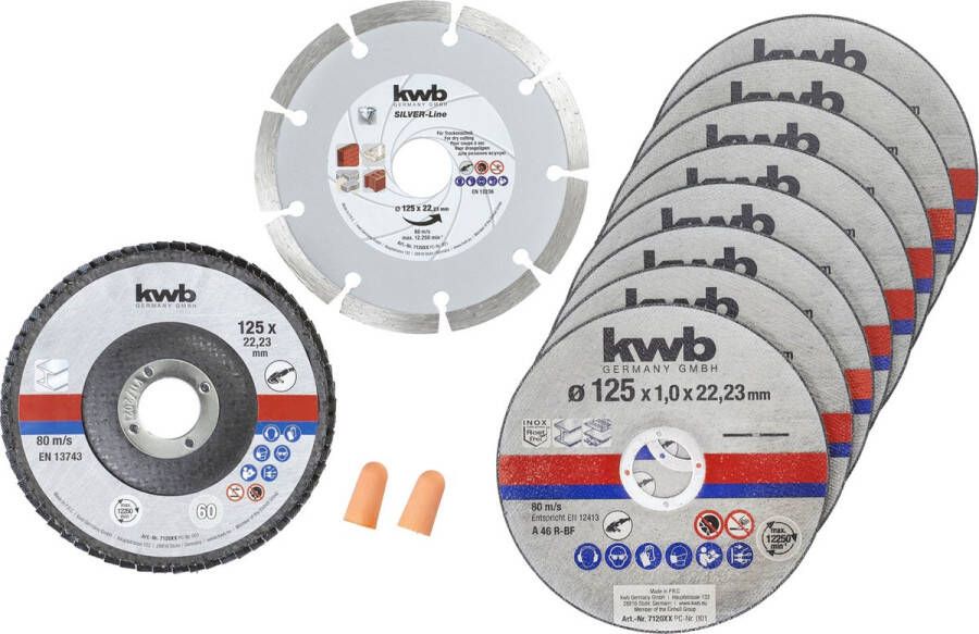 KWB dunne doorslijpschijven + diamant- en slijpschijf Ø 125 mm voor haakse slijpers doorslijpschijf voor RVS INOX in opbergdoos inclusief oordopjes AFM. 125 x 1 x 22 23 10 stuks (verpakking van 1)
