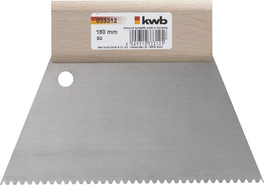 KWB gekartelde spatel trapeziumspatel houten handvat lijmspatel metselaarsspaan 180 mm x 98 mm gekarteld