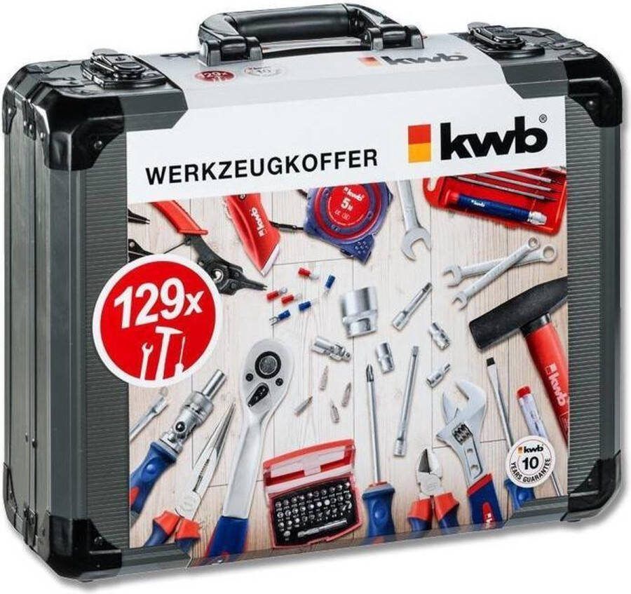 KWB gereedschapskoffer gereedschapsset 129-delig gevuld robuust en hoogwaardig ideaal voor huishouden of garage in stevige aluminium koffer met sleutels schroevendraaiers tangen en nog veel meer