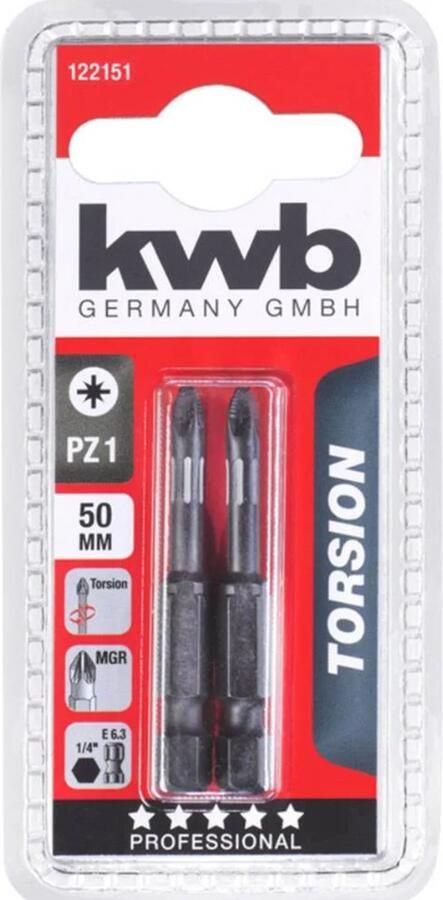 KWB torsie bitset PZ1 Pozidriv 1 Lengte 50 mm Hoge torsieweerstand 122151 2 stuks