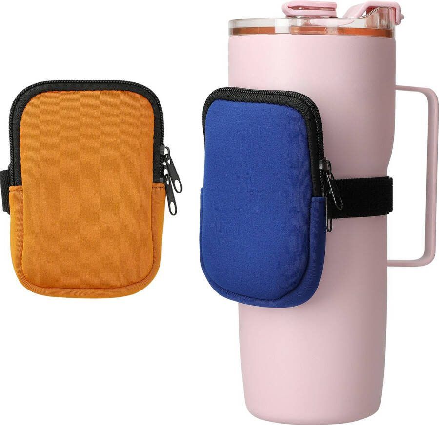 Kwmobile Drinkfles tas voor waterflessen 2 flessenhouders tassen Kleine tas met rits en elastiek Flessenhanger blauw oranje