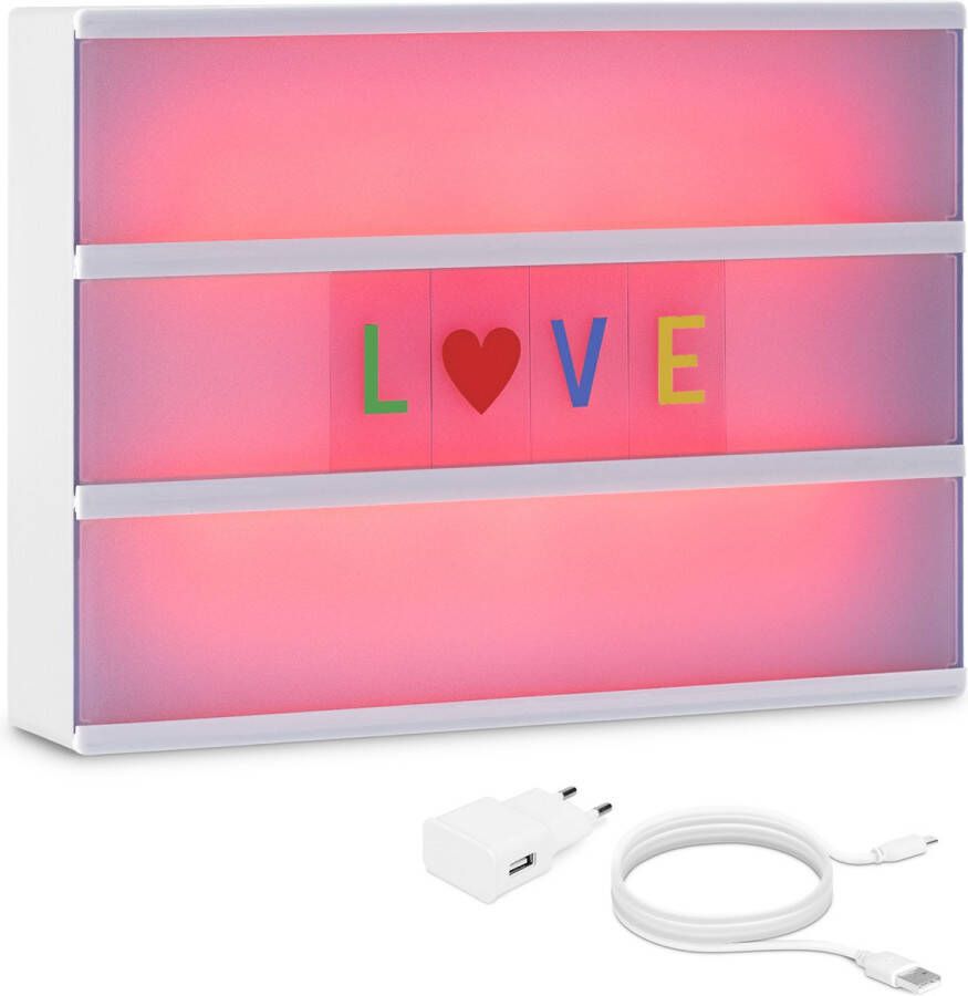 Kwmobile LED Lichtdoos A4 Kleurveranderende lightbox met 126 letters en symbolen Berichtbord met USB of op batterijen 7 verschillende kleuren