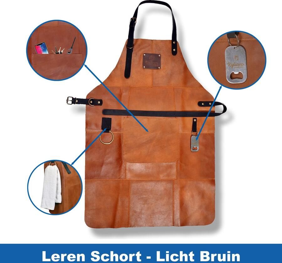Kylians Leren Schort Mannen Licht Bruin 81 x 56 cm Barbecue Schort Man Cognac Keukenschort BBQ Schort met Groot Vak Flesopener en Ring voor Handdoek