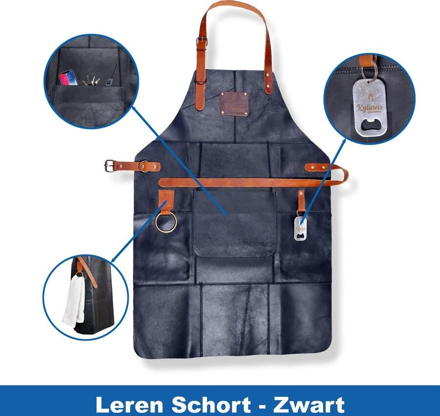 Kylians Leren Schort Zwart 81 x 56 cm Barbecue Schort Man BBQ Schort Lederen Schort met Flesopener en Groot vak
