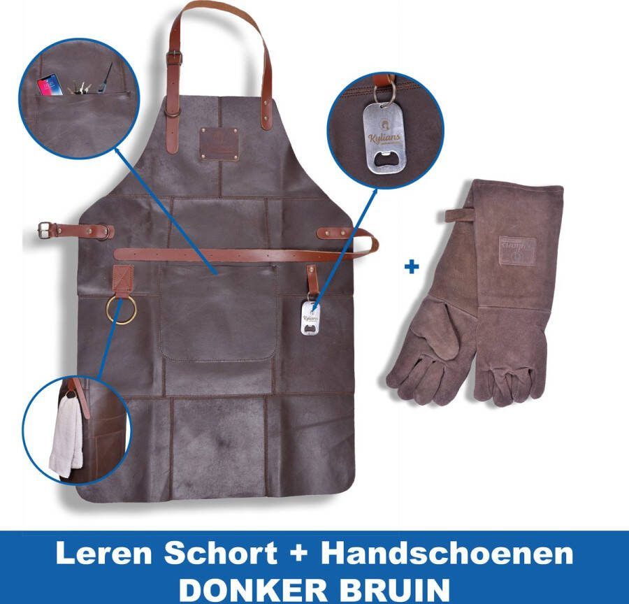 Kylians Leren Schort 56 x 81 cm Donker Bruin met Handschoenen Barbecue Schort BBQ Accessoires Lederen Handschoenen met Schort