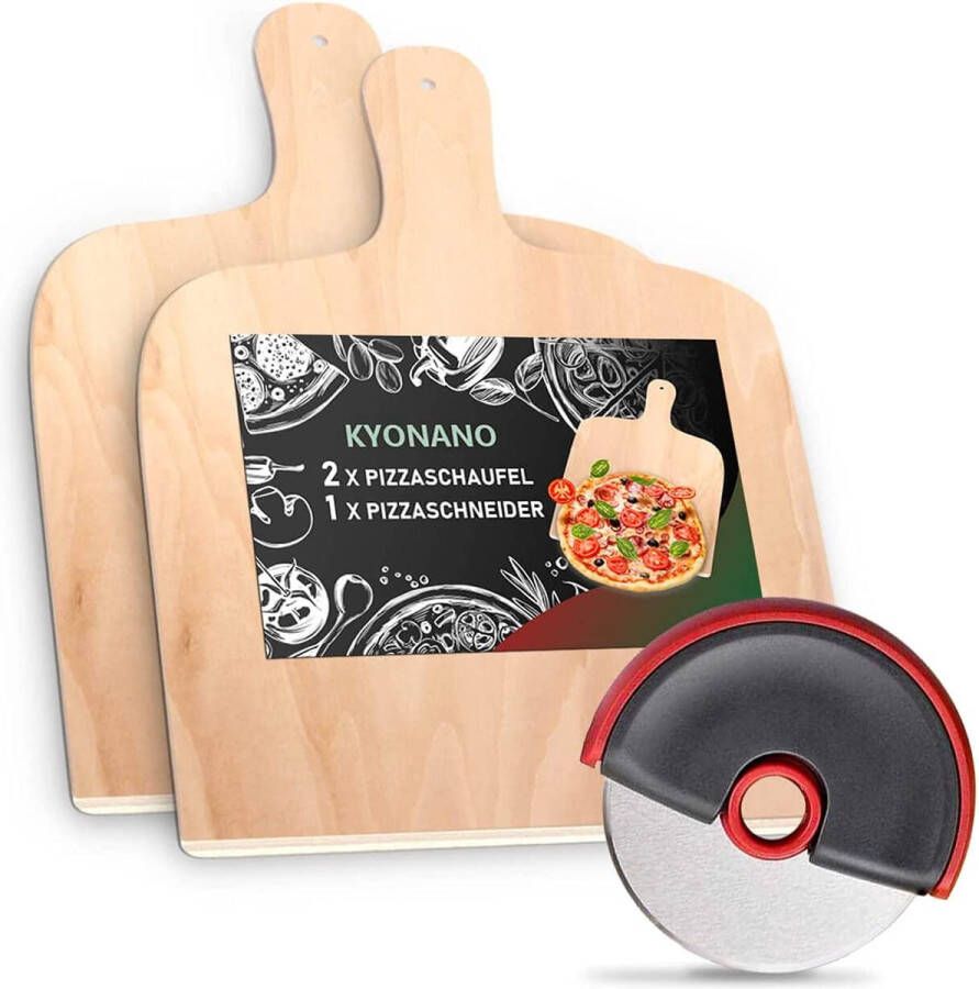 KYONANO Pizzaschep 2 houten pizzaschep + 1 pizzasnijder roestvrij staal pizzaschep van berkenhout 30 x 42 cm broodschep pizzaschep voor pizzasteen (set van 3)