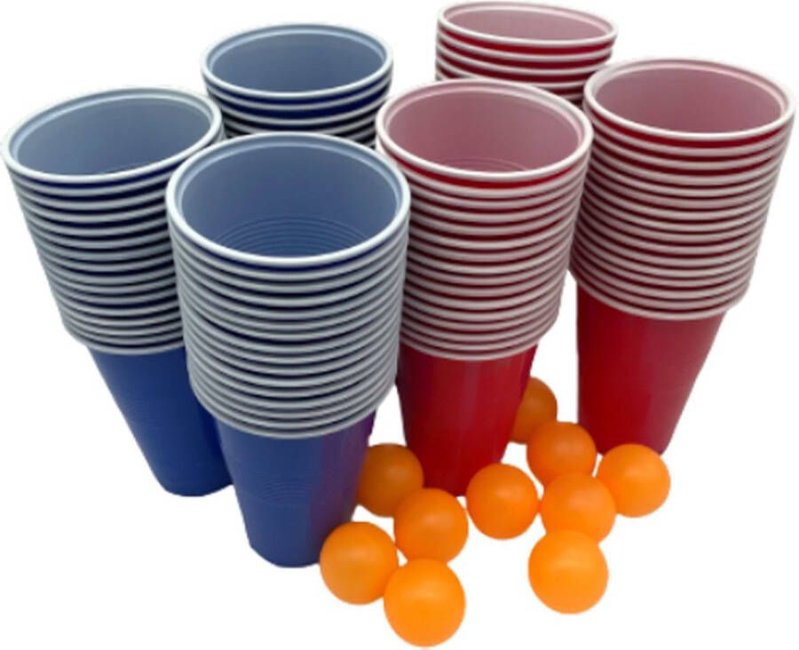 Kyto Games Beer pong drankspel 100 herbruikbare rode en blauwe bekers (475ml) incl. 10 balletjes